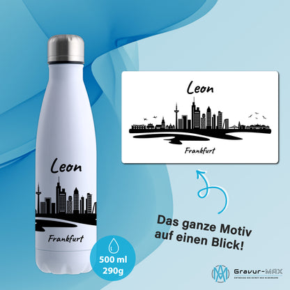 Trinkflasche in Weiß 500ml aus Edelstahl bedruckt mit der Skyline von Frankfurt personalisierbar mit Wunschname