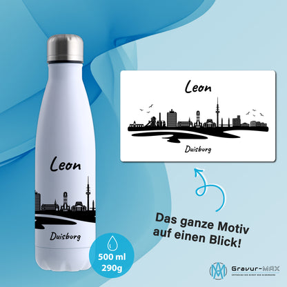 Trinkflasche in Weiß 500ml aus Edelstahl bedruckt mit der Skyline von Duisburg personalisierbar mit Wunschname