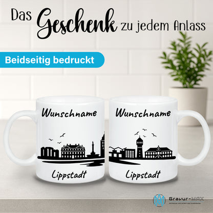 Tasse in Weiß 330ml bedruckt mit der Skyline von Lippstadt personalisierbar mit Wunschname