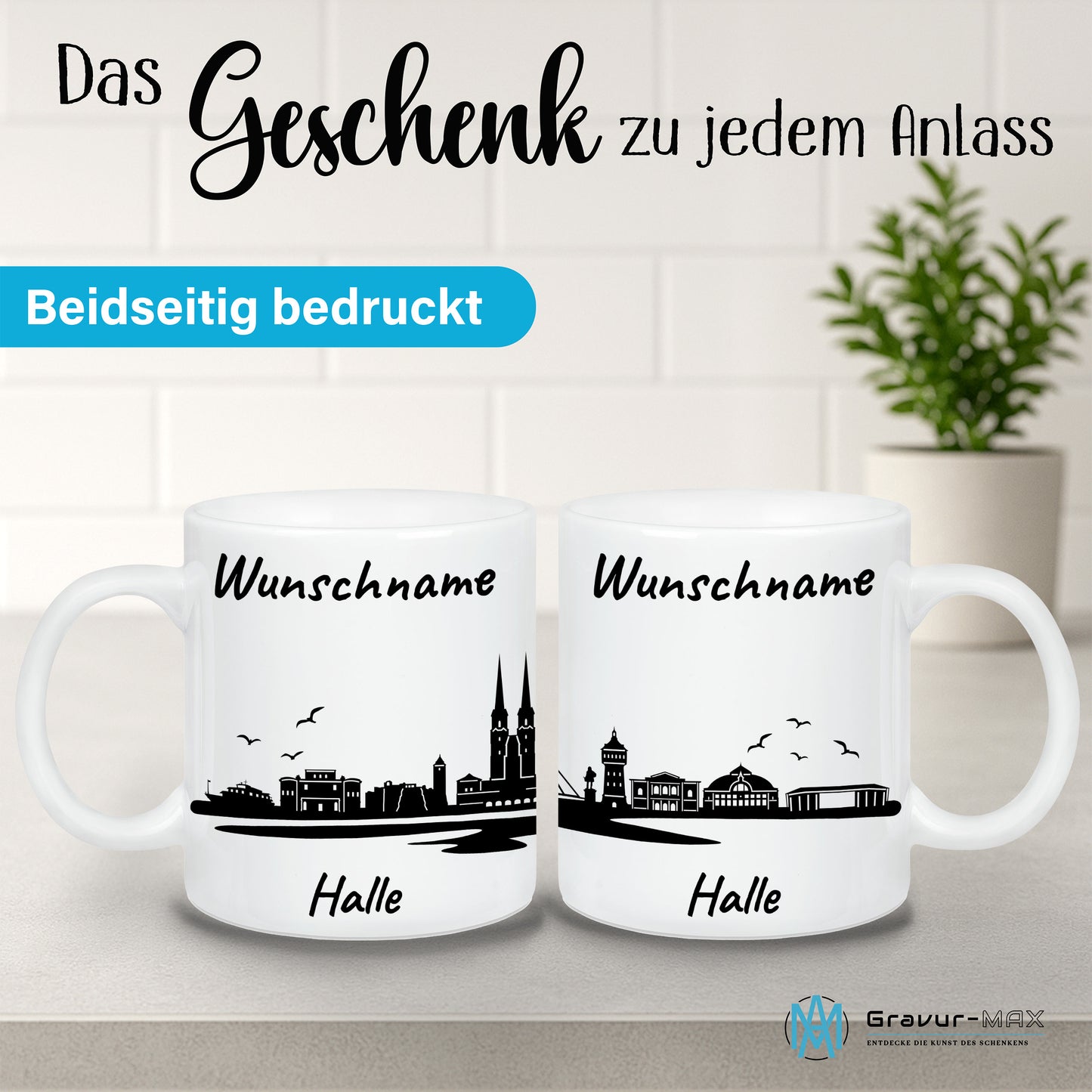 Tasse in Weiß 330ml bedruckt mit der Skyline von Halle personalisierbar mit Wunschname