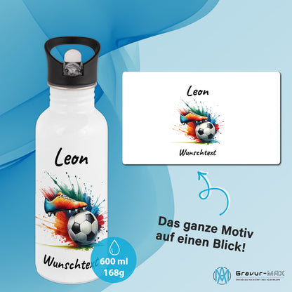 Trinkflasche mit Strohhalm in Weiß 600ml bedruckt mit Fußball Motiven"Motiv6" personalisierbar für Kinder mit Wunschname aus Edelstahl