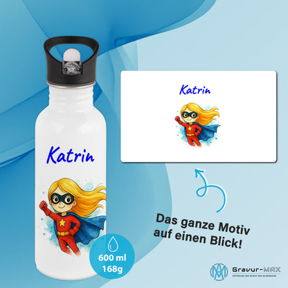 Trinkflasche mit Strohhalm in Weiß 600ml bedruckt mit tollen Motiven für Kinder "Superheldin" personalisierbar für Kinder mit Wunschname aus Edelstahl