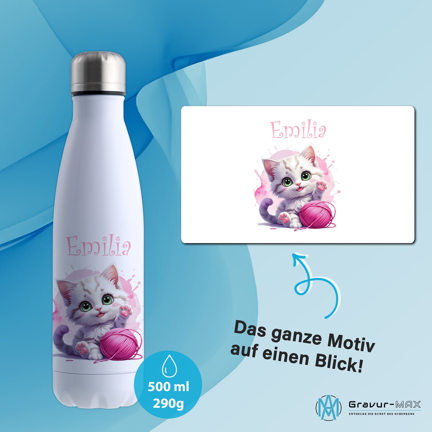 Trinkflasche in Weiß 500ml aus Edelstahl bedruckt mit niedlichen Tieren "Katze" personalisierbar für Kinder mit Wunschname