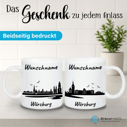 Tasse in Weiß 330ml bedruckt mit der Skyline von Würzburg personalisierbar mit Wunschname
