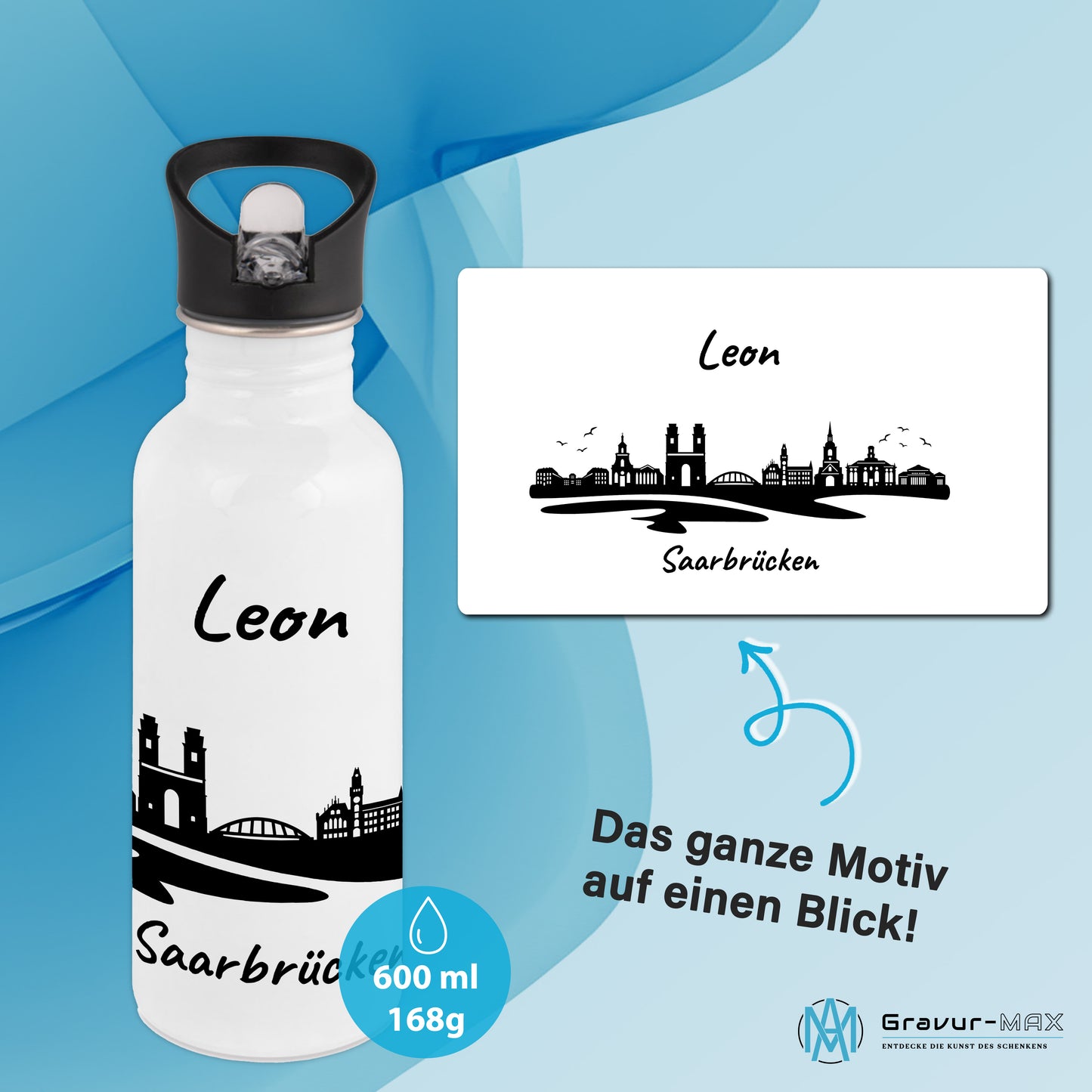 Trinkflasche in Weiß 600ml aus Edelstahl bedruckt mit der Skyline von Saarbrücken personalisierbar mit Wunschname