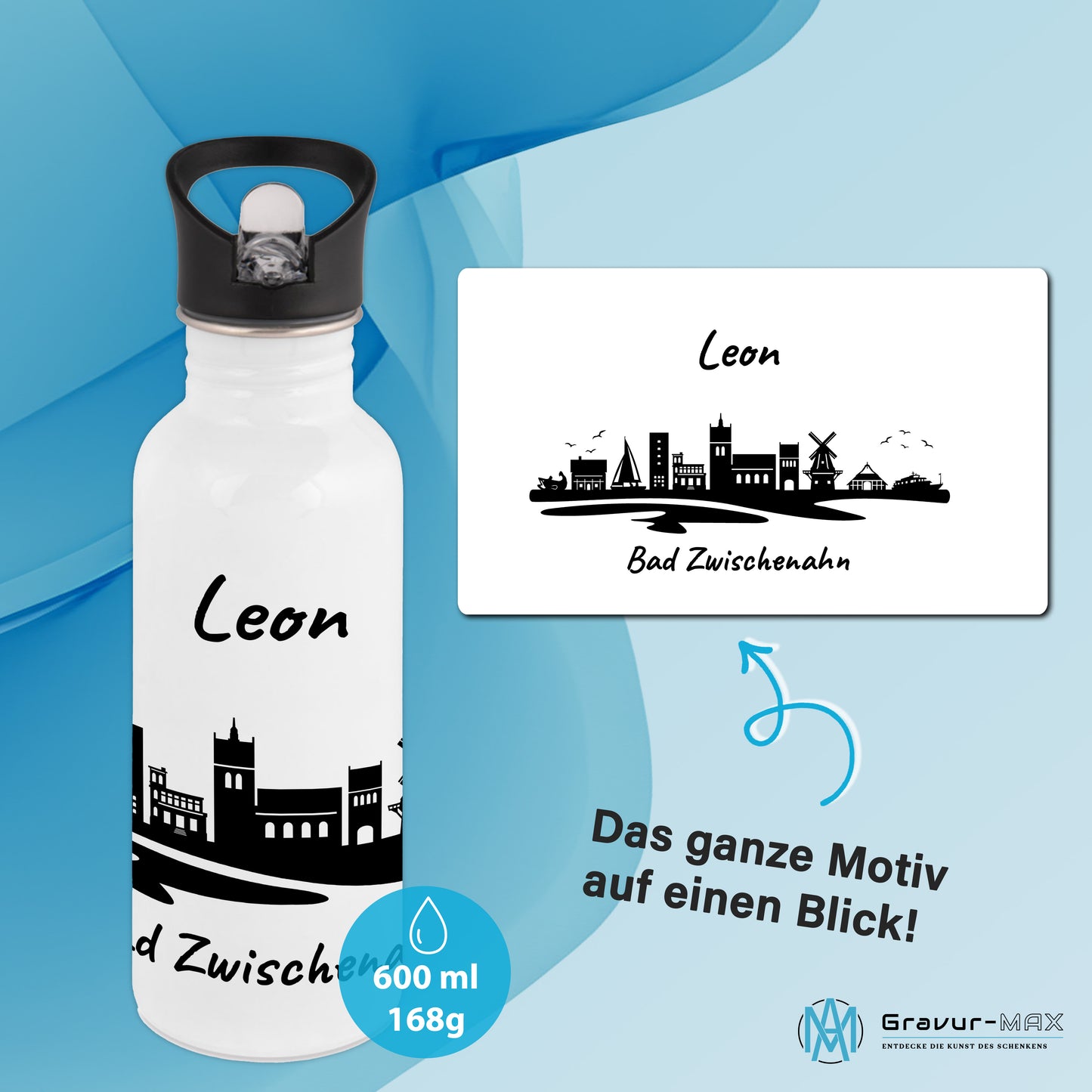 Trinkflasche in Weiß 600ml aus Edelstahl bedruckt mit der Skyline von Bad Zwischenahn personalisierbar mit Wunschname