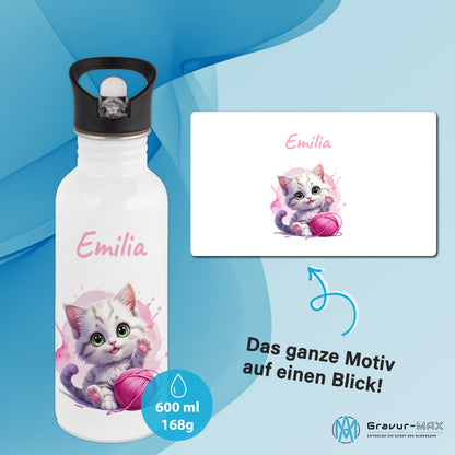 Trinkflasche mit Strohhalm in Weiß 600ml bedruckt mit niedlichen Tieren"Katze" personalisierbar für Kinder mit Wunschname aus Edelstahl