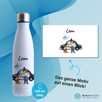 Thermoflasche 500ml in Weiß bedruckt mit tollen Motiven für Kinder "Polizei" personalisierbar mit Wunschname