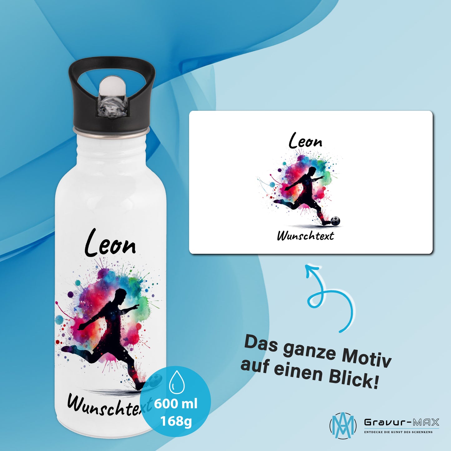 Trinkflasche mit Strohhalm in Weiß 600ml bedruckt mit Fußball Motiven"Motiv4" personalisierbar für Kinder mit Wunschname aus Edelstahl