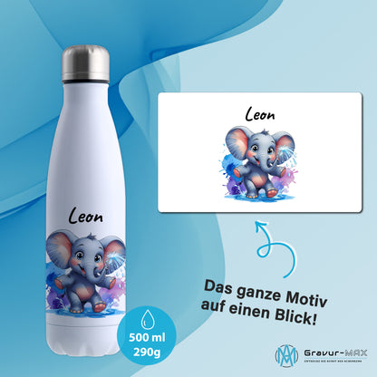 Trinkflasche in Weiß 500ml aus Edelstahl bedruckt mit niedlichen Tieren "Elefant" personalisierbar für Kinder mit Wunschname