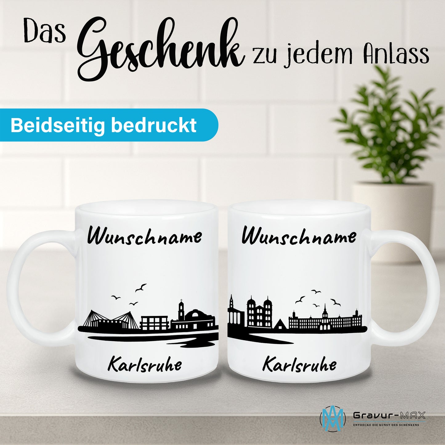 Tasse in Weiß 330ml bedruckt mit der Skyline von Karlsruhe personalisierbar mit Wunschname