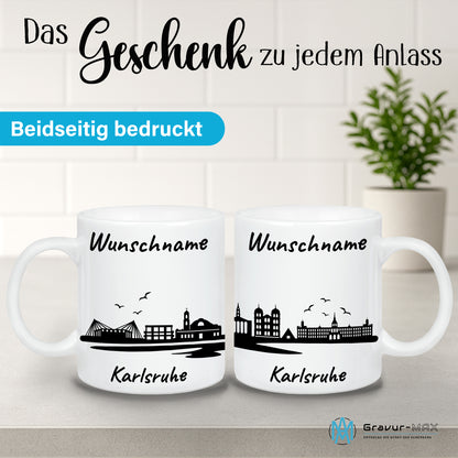 Tasse in Weiß 330ml bedruckt mit der Skyline von Karlsruhe personalisierbar mit Wunschname