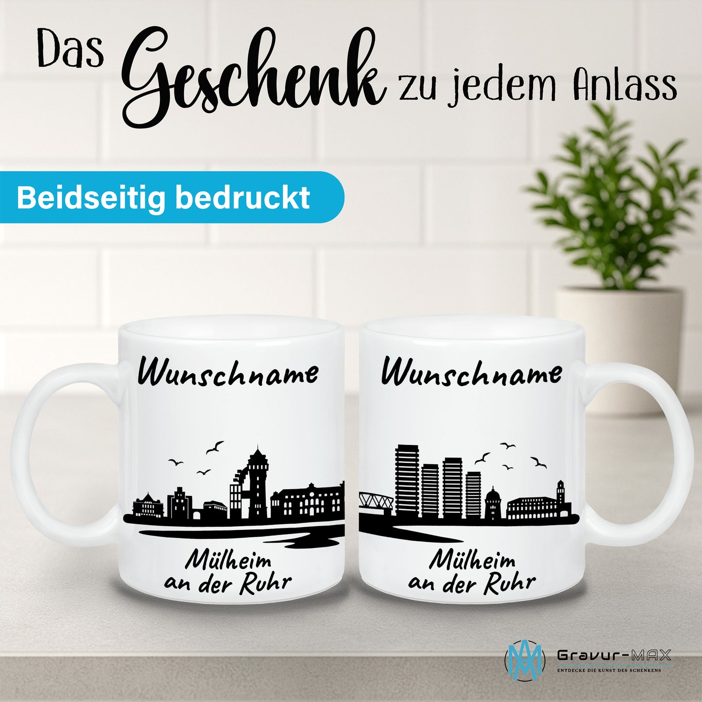 Tasse in Weiß 330ml bedruckt mit der Skyline von Mülheim an der Ruhr personalisierbar mit Wunschname