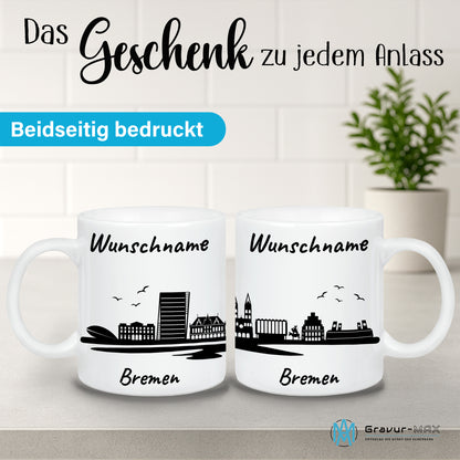 Tasse in Weiß 330ml bedruckt mit der Skyline von Bremen personalisierbar mit Wunschname