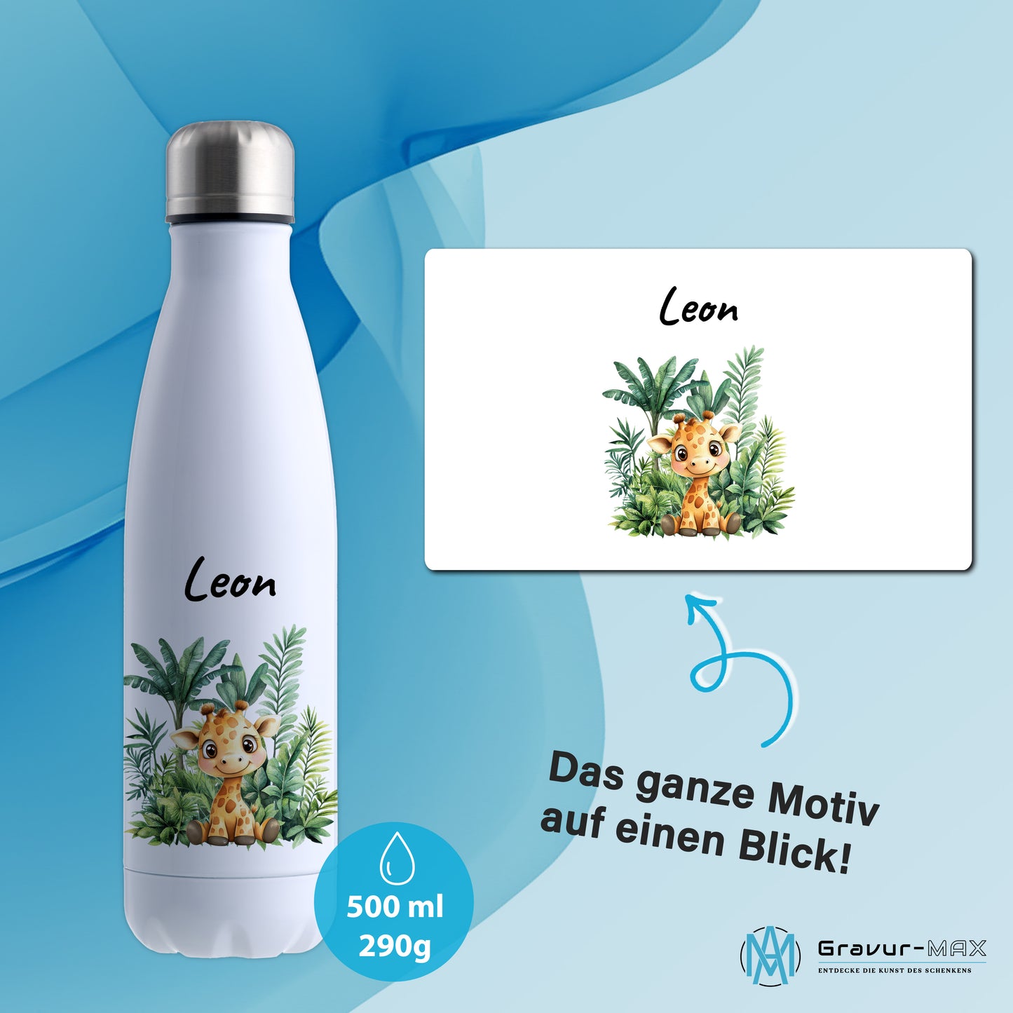 Trinkflasche in Weiß 500ml aus Edelstahl bedruckt mit Dschungel Tieren"Giraffe" personalisierbar für Kinder mit Wunschname