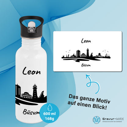 Trinkflasche in Weiß 600ml aus Edelstahl bedruckt mit der Skyline von Büsum personalisierbar mit Wunschname