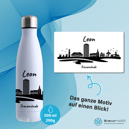 Trinkflasche in Weiß 500ml aus Edelstahl bedruckt mit der Skyline von Travemünde personalisierbar mit Wunschname