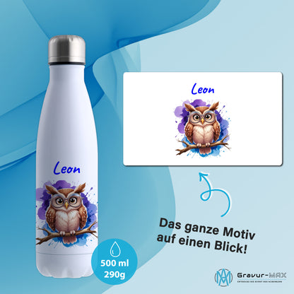 Trinkflasche in Weiß 500ml aus Edelstahl bedruckt mit niedlichen Tieren "Eule" personalisierbar für Kinder mit Wunschname