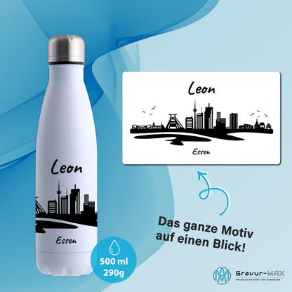 Trinkflasche in Weiß 500ml aus Edelstahl bedruckt mit der Skyline von Essen personalisierbar mit Wunschname