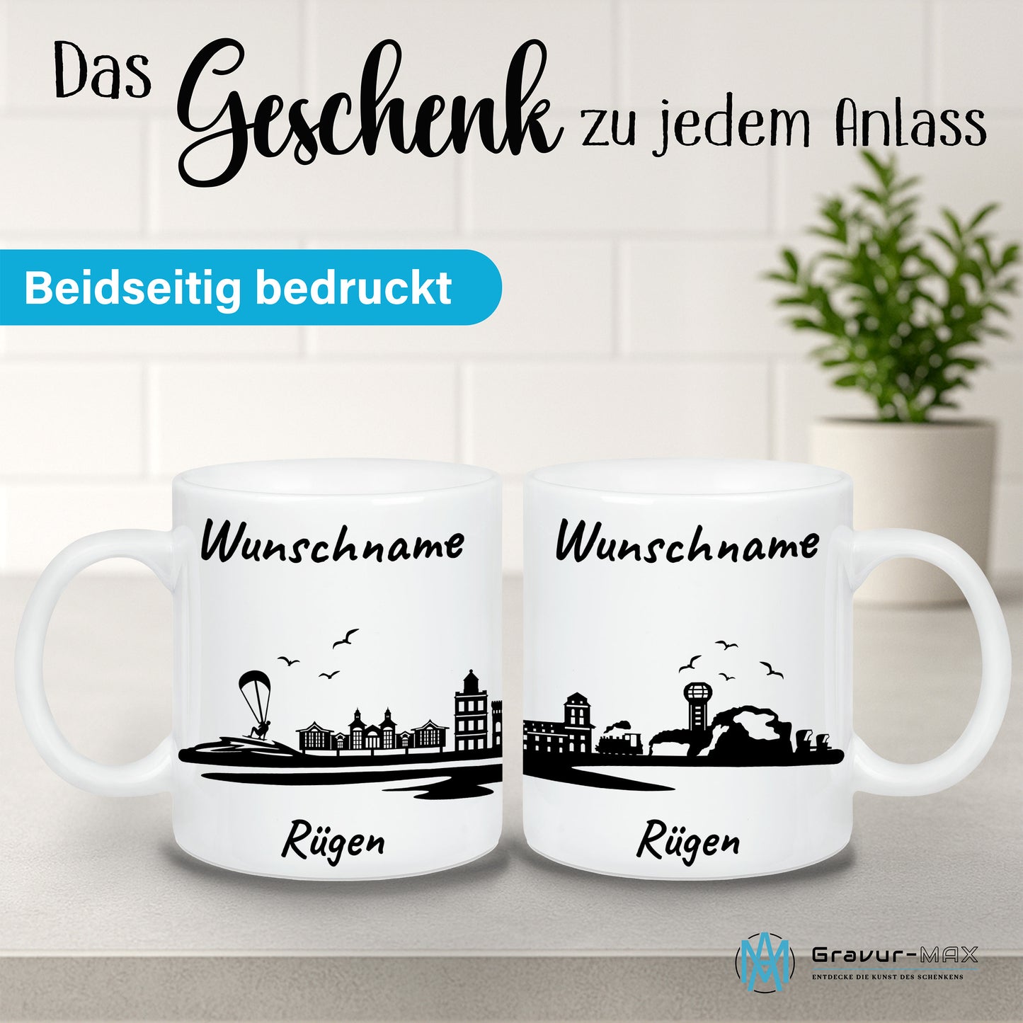 Tasse in Weiß 330ml bedruckt mit der Skyline von Rügen personalisierbar mit Wunschname
