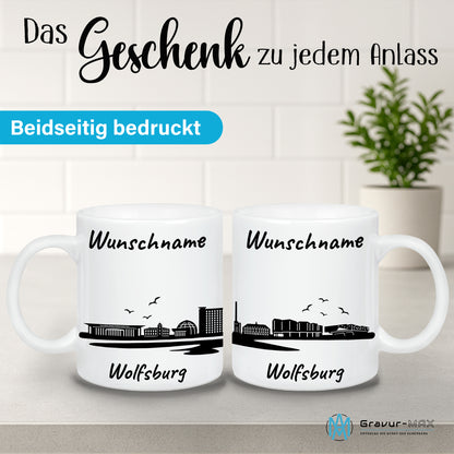 Tasse in Weiß 330ml bedruckt mit der Skyline von Wolfsburg personalisierbar mit Wunschname
