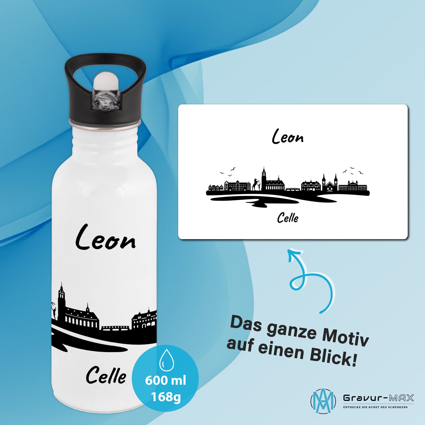 Trinkflasche in Weiß 600ml aus Edelstahl bedruckt mit der Skyline von Celle personalisierbar mit Wunschname