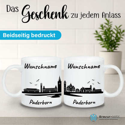 Tasse in Weiß 330ml bedruckt mit der Skyline von Paderborn personalisierbar mit Wunschname