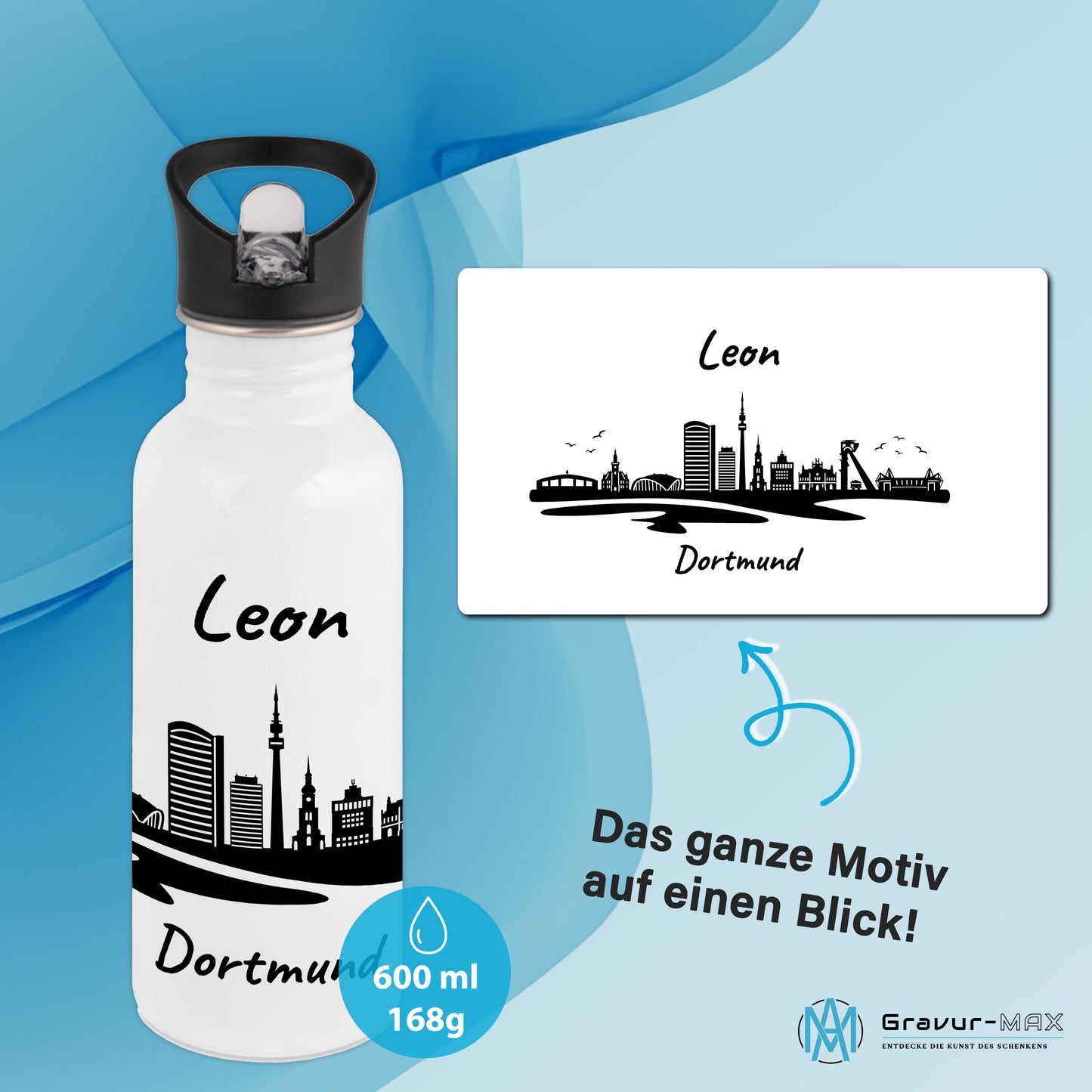 Trinkflasche in Weiß 600ml aus Edelstahl bedruckt mit der Skyline von Dortmund personalisierbar mit Wunschname