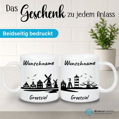 Tasse in Weiß 330ml bedruckt mit der Skyline von Greetsiel personalisierbar mit Wunschname