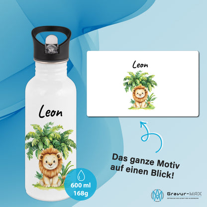 Trinkflasche mit Strohhalm in Weiß 600ml bedruckt mit Dschungel Tieren"Löwe" personalisierbar für Kinder mit Wunschname aus Edelstahl