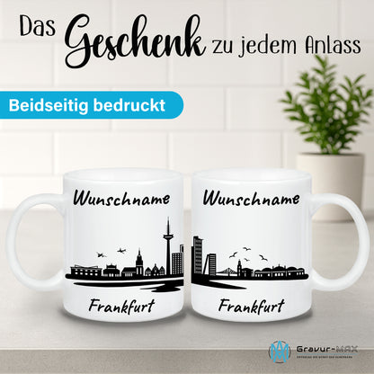 Tasse in Weiß 330ml bedruckt mit der Skyline von Frankfurt personalisierbar mit Wunschname