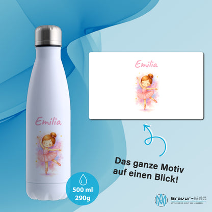 Thermoflasche 500ml in Weiß bedruckt mit tollen Motiven für Kinder "Ballerina" personalisierbar mit Wunschname
