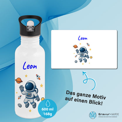 Trinkflasche mit Strohhalm in Weiß 600ml bedruckt mit tollen Motiven für Kinder "Astronaut" personalisierbar für Kinder mit Wunschname aus Edelstahl