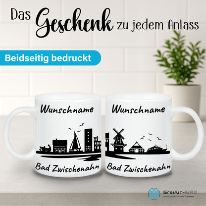 Tasse in Weiß 330ml bedruckt mit der Skyline von Bad Zwischenahn personalisierbar mit Wunschname