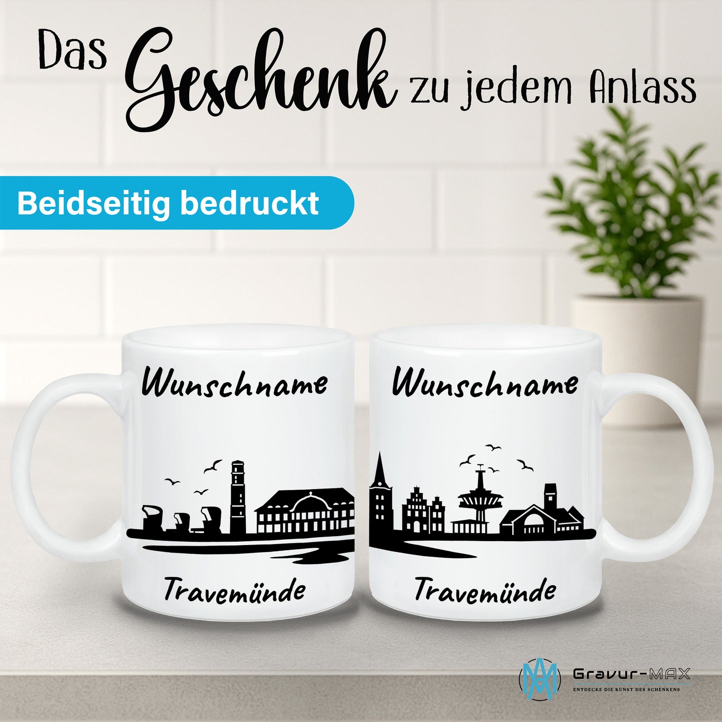 Tasse in Weiß 330ml bedruckt mit der Skyline von Travemünde personalisierbar mit Wunschname
