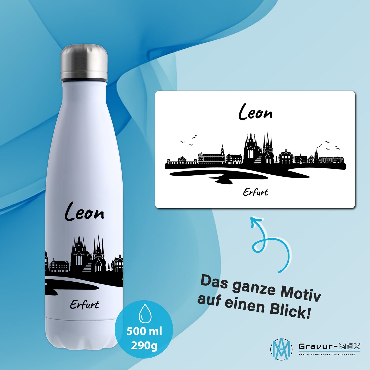 Trinkflasche in Weiß 500ml aus Edelstahl bedruckt mit der Skyline von Erfurt personalisierbar mit Wunschname