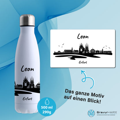 Trinkflasche in Weiß 500ml aus Edelstahl bedruckt mit der Skyline von Erfurt personalisierbar mit Wunschname