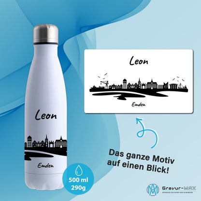 Trinkflasche in Weiß 500ml aus Edelstahl bedruckt mit der Skyline von Emden personalisierbar mit Wunschname