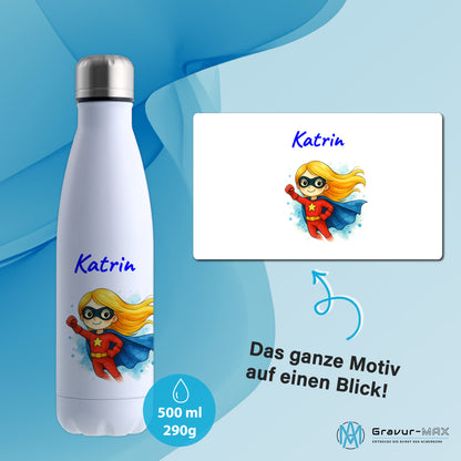 Thermoflasche 500ml in Weiß bedruckt mit tollen Motiven für Kinder "Superheldin" personalisierbar mit Wunschname