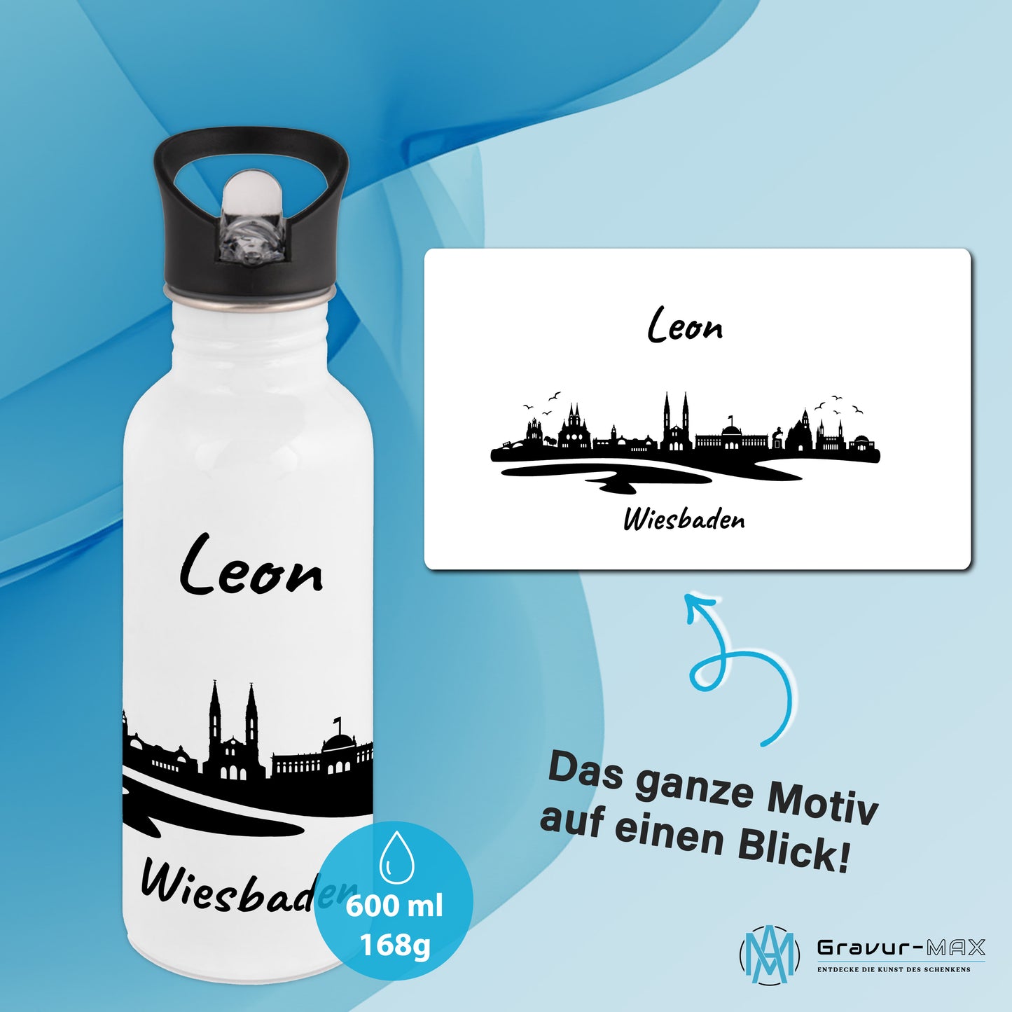 Trinkflasche in Weiß 600ml aus Edelstahl bedruckt mit der Skyline von Wiesbaden personalisierbar mit Wunschname