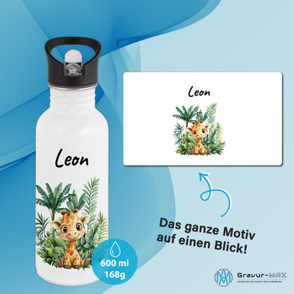 Trinkflasche mit Strohhalm in Weiß 600ml bedruckt mit Dschungel Tieren"Giraffe" personalisierbar für Kinder mit Wunschname aus Edelstahl