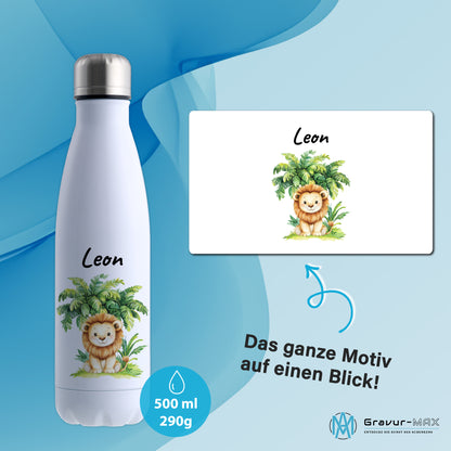 Trinkflasche in Weiß 500ml aus Edelstahl bedruckt mit Dschungel Tieren"Löwe" personalisierbar für Kinder mit Wunschname