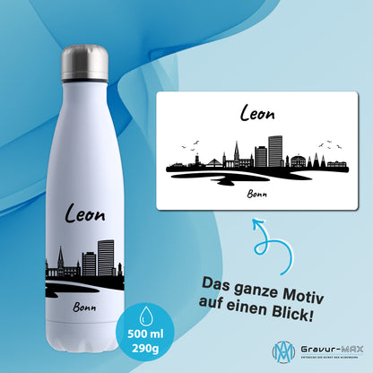 Trinkflasche in Weiß 500ml aus Edelstahl bedruckt mit der Skyline von Bonn personalisierbar mit Wunschname