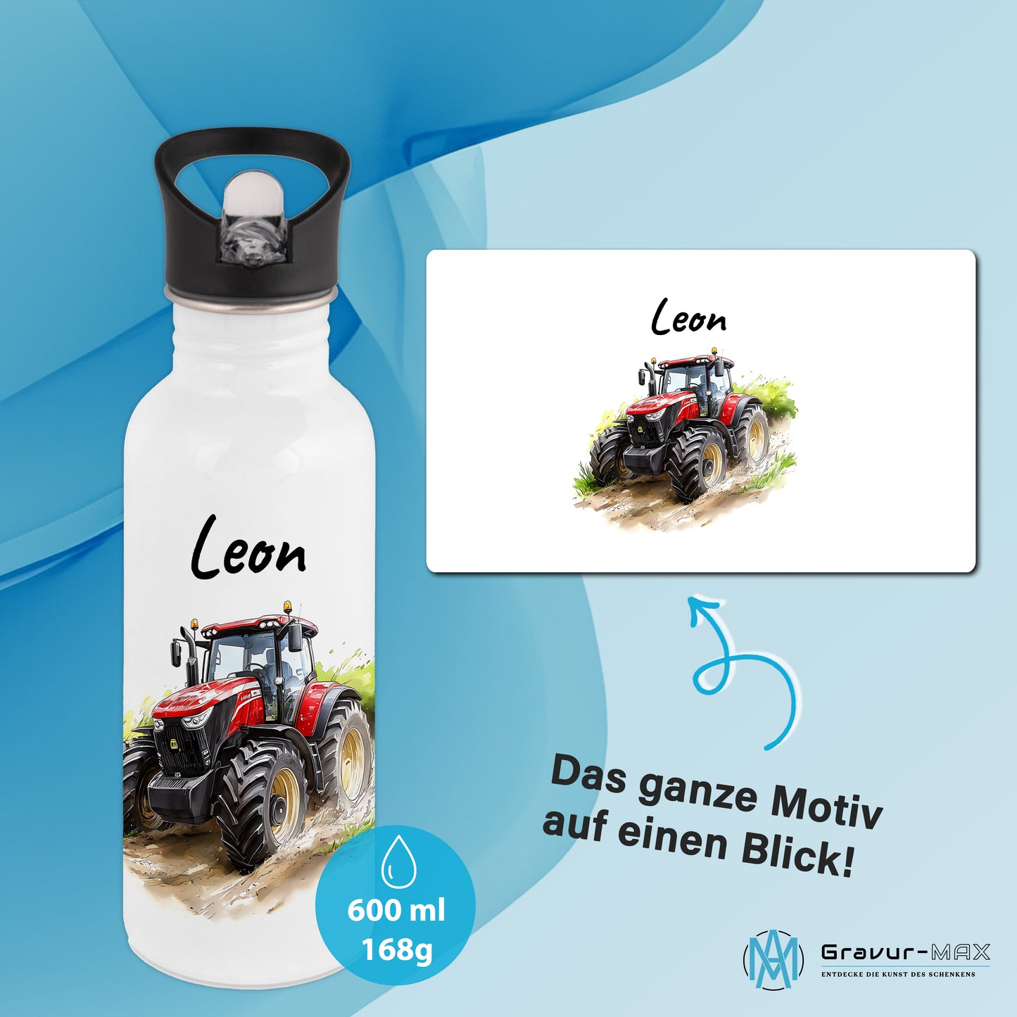 Trinkflasche mit Strohhalm in Weiß 600ml bedruckt mit tollen Motiven für Kinder "Traktor" personalisierbar für Kinder mit Wunschname aus Edelstahl