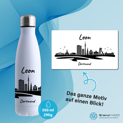 Trinkflasche in Weiß 500ml aus Edelstahl bedruckt mit der Skyline von Dortmund personalisierbar mit Wunschname