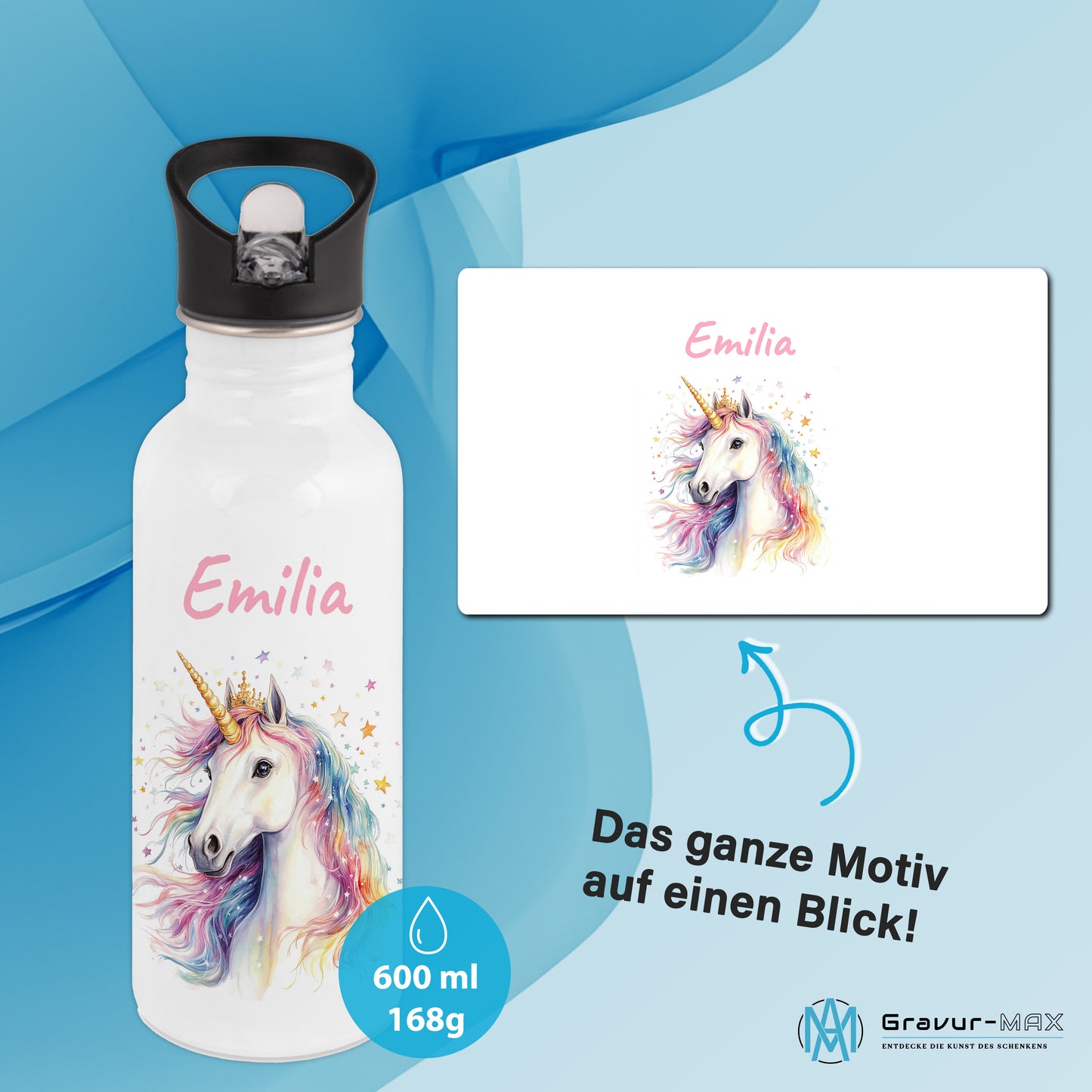 Trinkflasche mit Strohhalm in Weiß 600ml bedruckt mit tollen Motiven für Kinder "Einhorn" personalisierbar für Kinder mit Wunschname aus Edelstahl