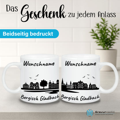 Tasse in Weiß 330ml bedruckt mit der Skyline von Bergisch Gladbach personalisierbar mit Wunschname