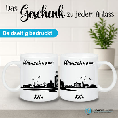 Tasse in Weiß 330ml bedruckt mit der Skyline von Köln personalisierbar mit Wunschname
