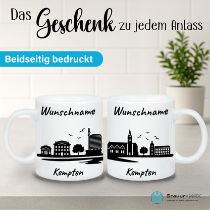 Tasse in Weiß 330ml bedruckt mit der Skyline von Kempten personalisierbar mit Wunschname