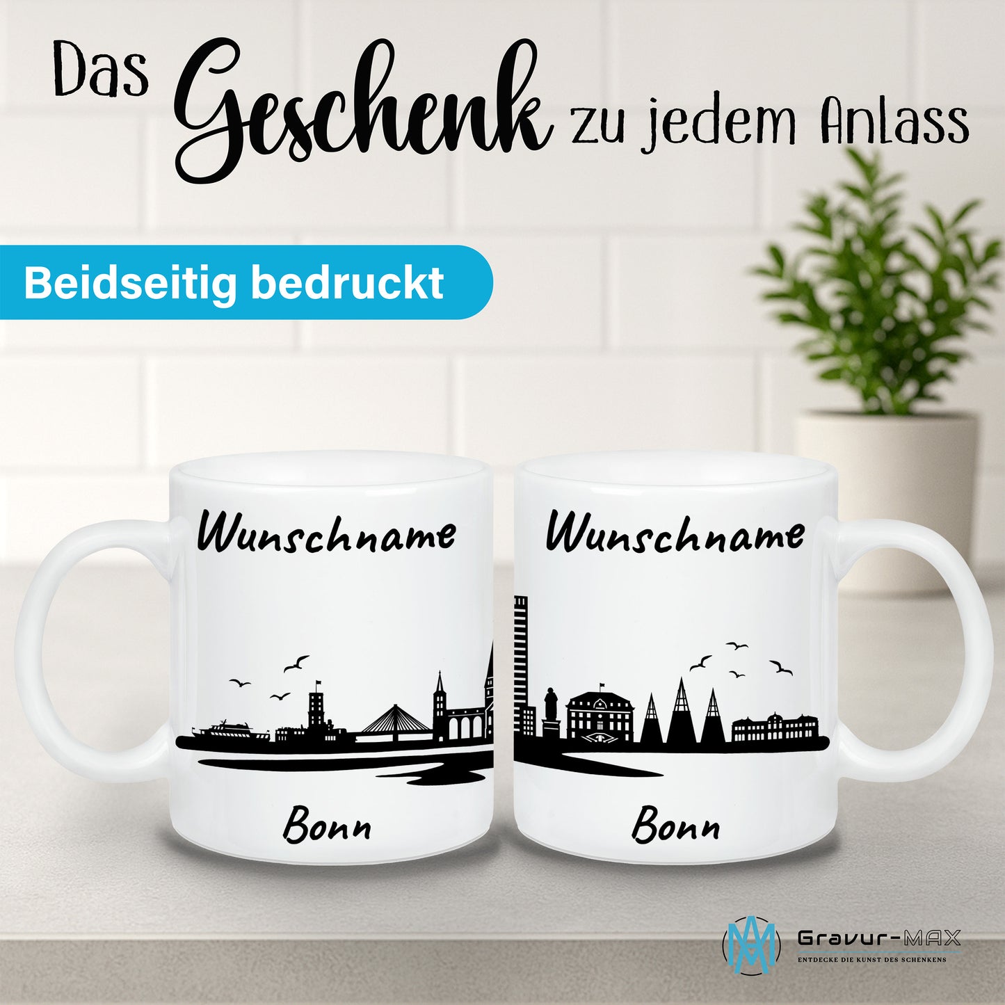 Tasse in Weiß 330ml bedruckt mit der Skyline von Bonn personalisierbar mit Wunschname
